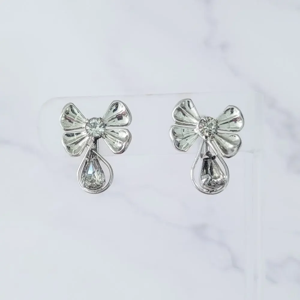 Vintage Screw On Earrings Unusual Silver Tone with Gems 1